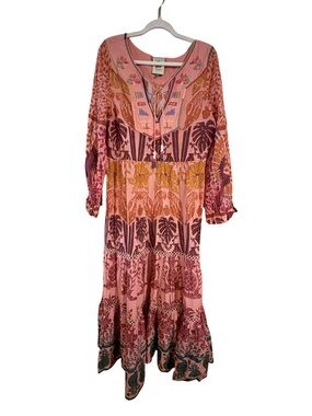 Farm Rio Anikia Embroidered Maxi Dress Tropical Boho Long Sleeve Medium